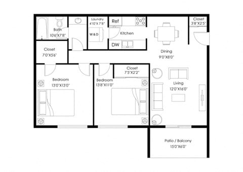 Floor plan for 2 beds, 1 bath, 950 sqft